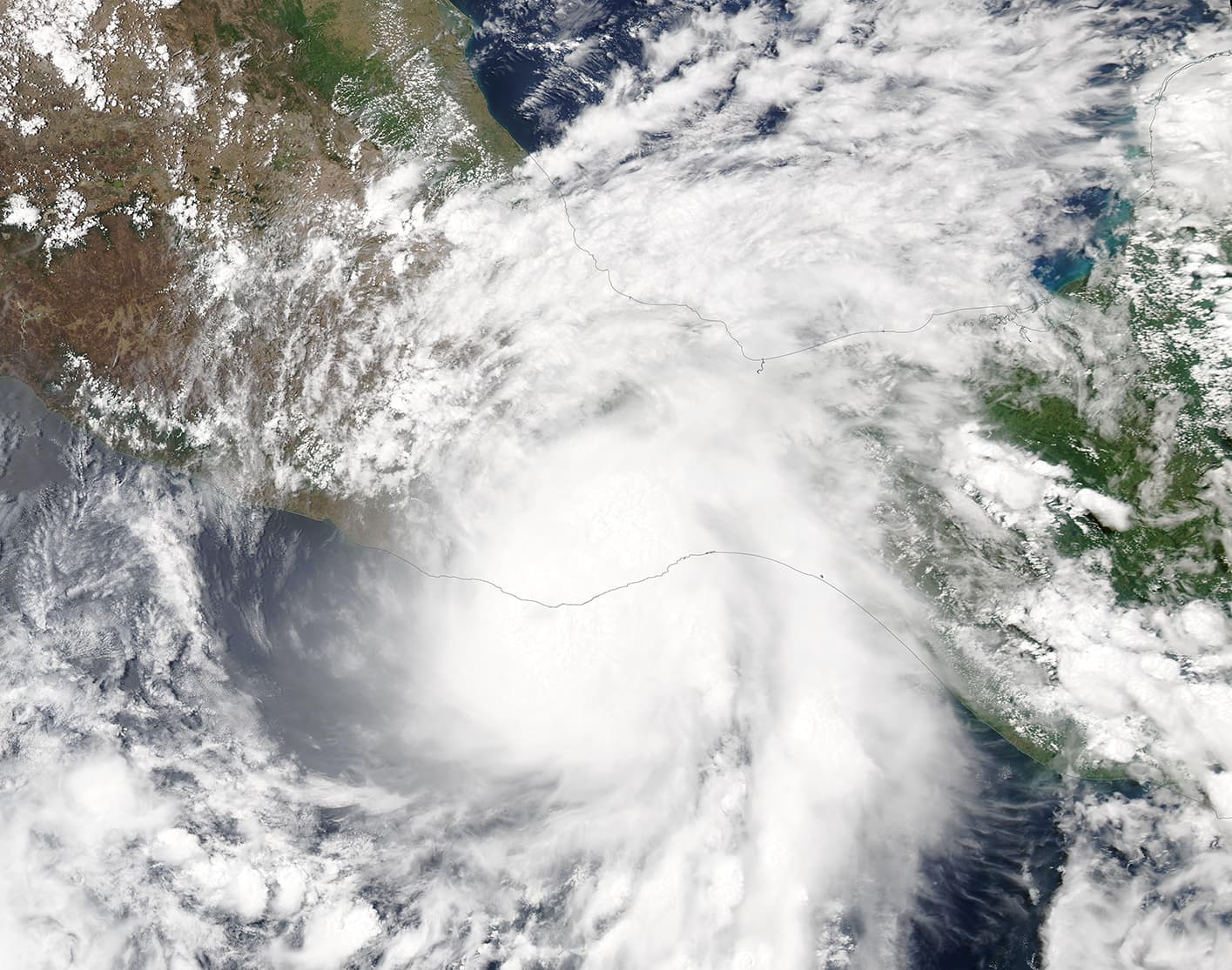 Aqua MODIS satellite image of Hurricane Agatha reaching Oaxaca on May 30, 2022.