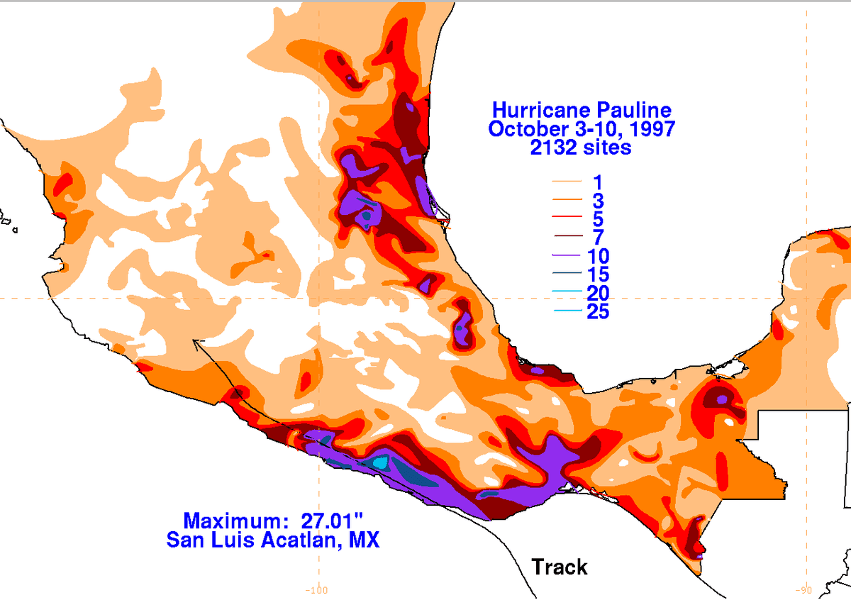 NOAA rainfall map for Hurricane Pauline, October 3-10, 1997, showing heavy rain along southern Mexico; totals are in inches.