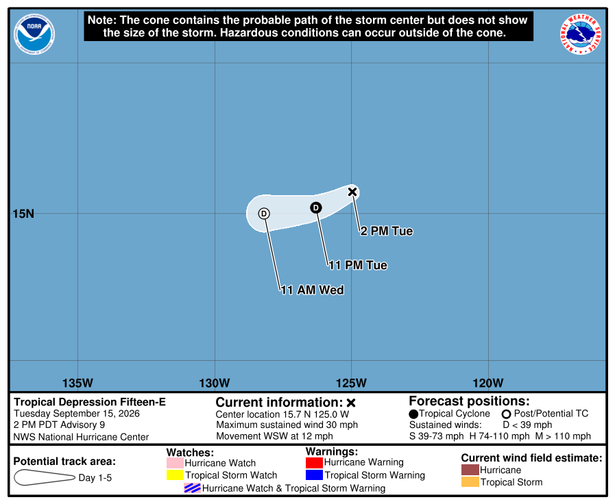 Cono y trayectoria oficial final del National Hurricane Center para Fifteen-E.