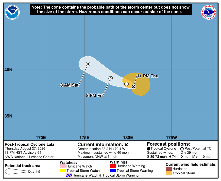 Cono y trayectoria oficial final del National Hurricane Center para Lala.