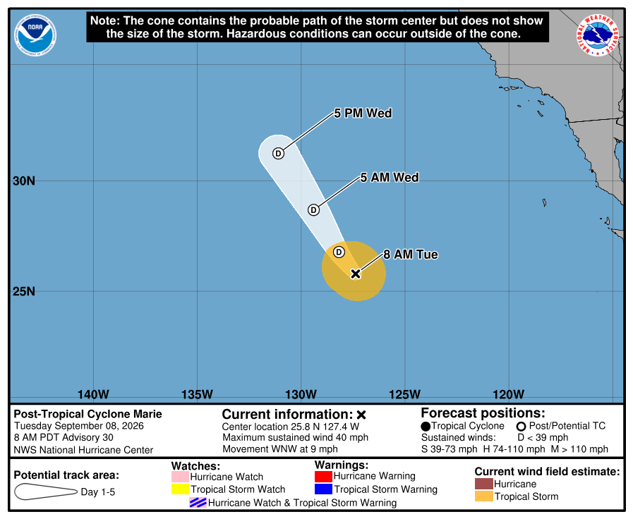 Cono y trayectoria oficial final del National Hurricane Center para Marie.
