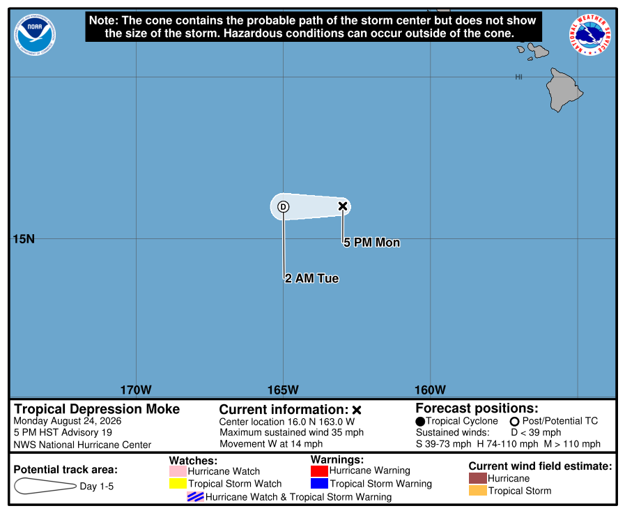 Cono y trayectoria oficial final del National Hurricane Center para Moke.