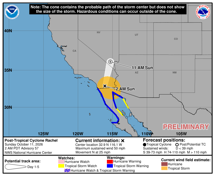 Official National Hurricane Center final forecast cone and track for Rachel.