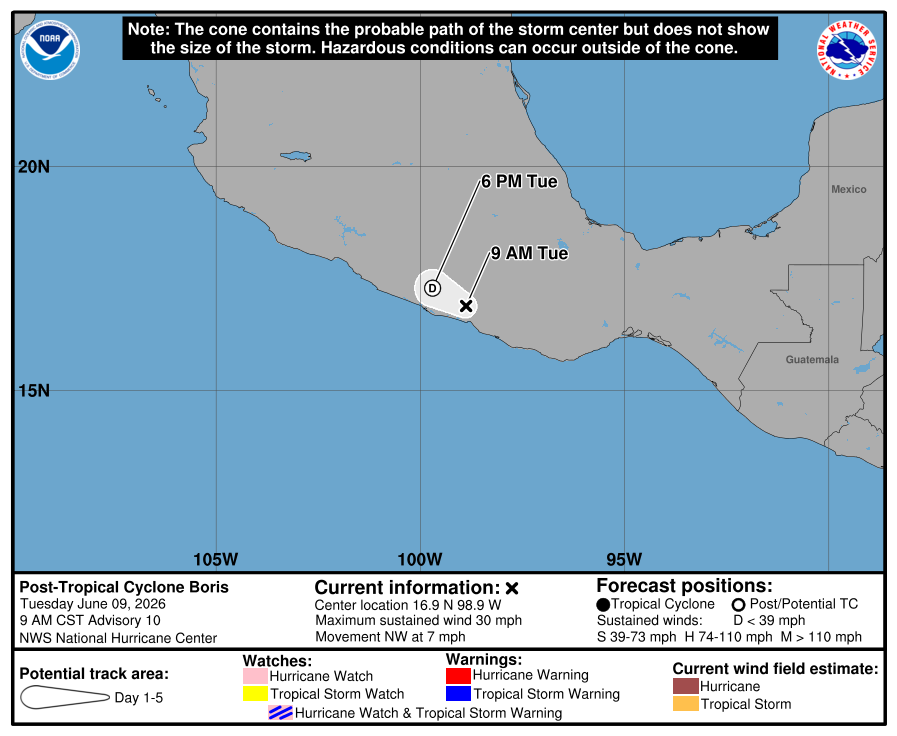 Cono y trayectoria oficial del National Hurricane Center a 5 días para el ciclón postropical Boris, aviso final.