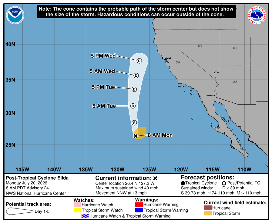 Cono y trayectoria oficial del National Hurricane Center a 5 días para el ciclón postropical Elida, aviso final.